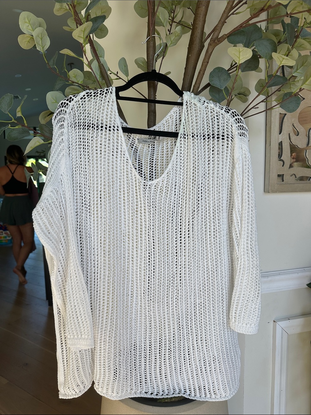 Women's White Open-Knit Long Sleeve Beach Sweater
